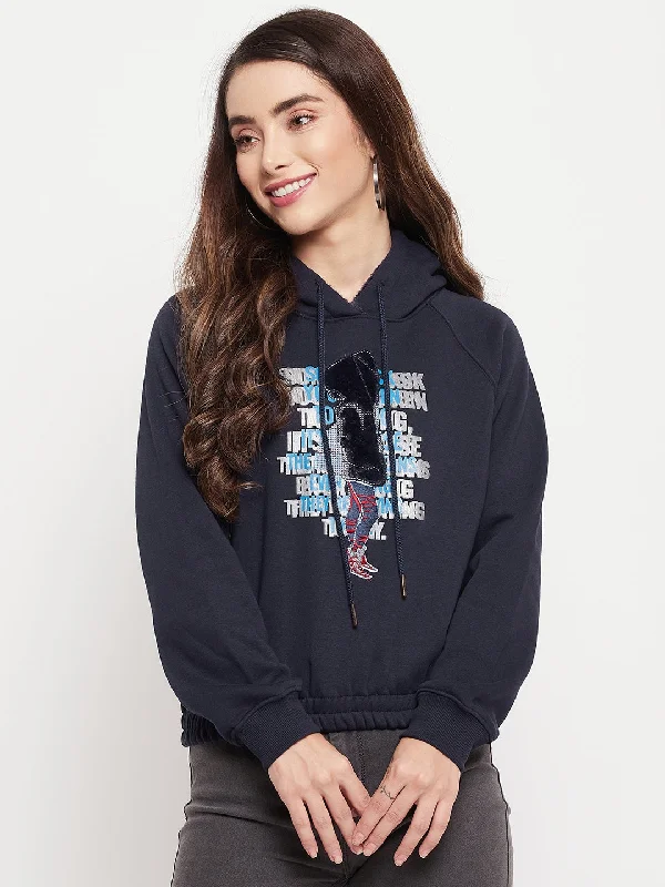 Madame Graphic Print Navy Blue Hooded Sweatshirt