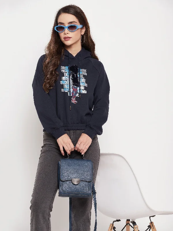 Madame Graphic Print Navy Blue Hooded Sweatshirt