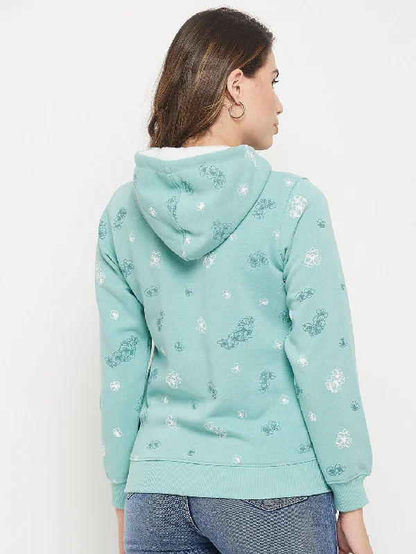 Madame Floral Print Aqua Blue Hooded Sweatshirt