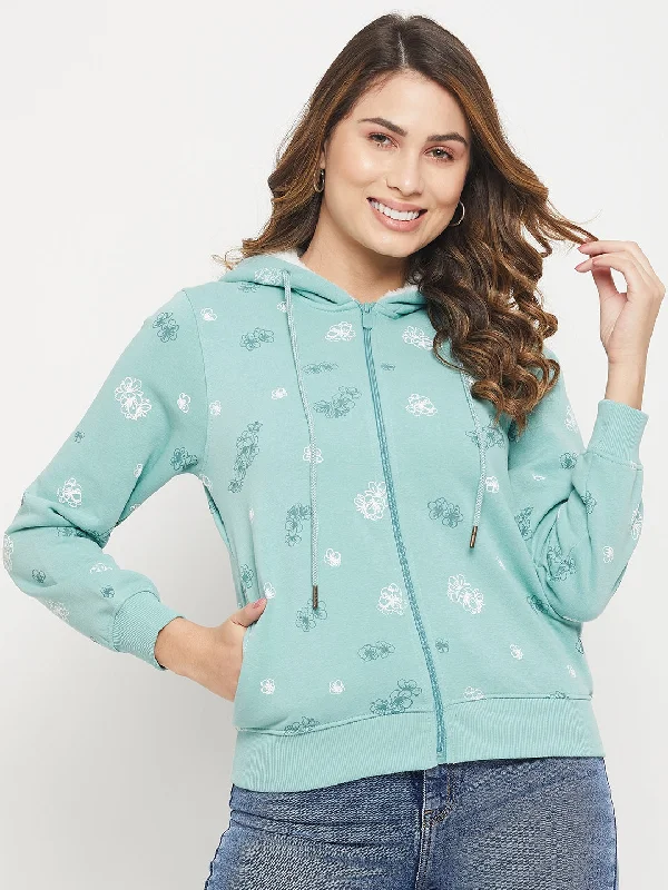 Madame Floral Print Aqua Blue Hooded Sweatshirt