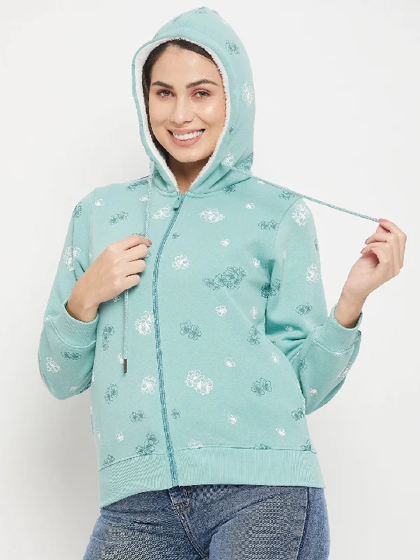 Madame Floral Print Aqua Blue Hooded Sweatshirt