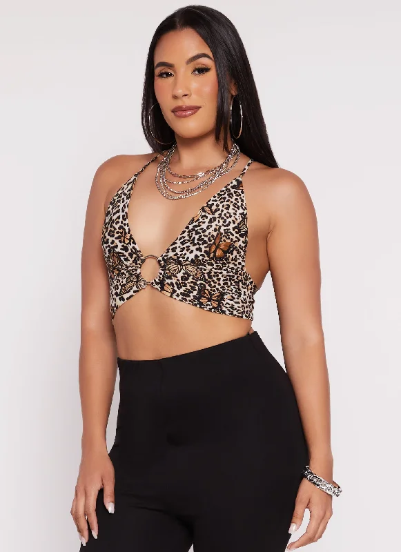 Almost Famous Butterfly Animal Print O Ring Criss Cross Back Bralette