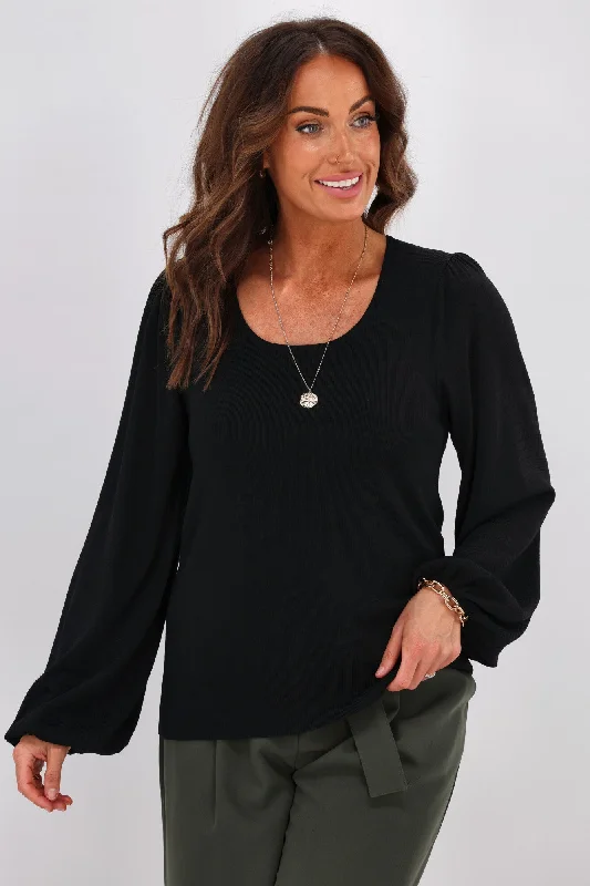 Shine On Label Mariana Ribbed Puff Sleeve Top Black