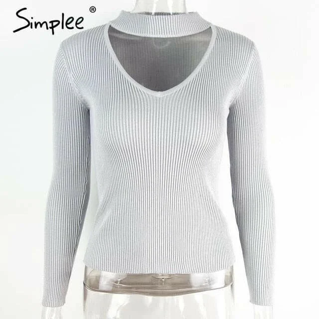 Simplee Halter long sleeve knitted sweater women tops Autumn yellow v neck short winter pullover Casual ladies jumper pull femme