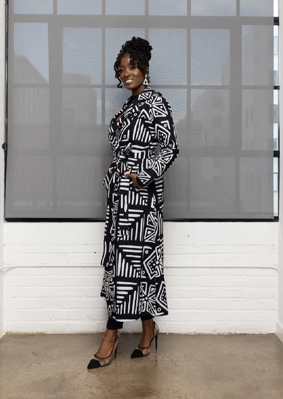 Taraji Women's African Print Maxi Trench Coat (Grayscale Tribal)