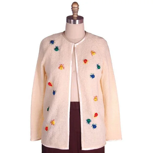 Vintage Cardigan Sweater w/ Cute Embroidered Lady Bugs all Over Size M 1960s