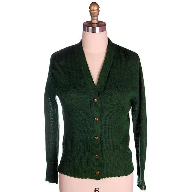 Vintage Cardigan Sweater  Wool Knit Green 1940s 4"" Ribbed Waistband Distressed M