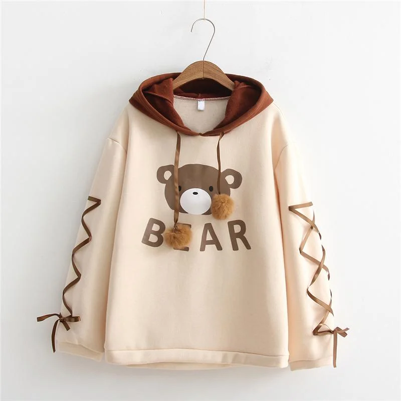 Women's Kawaii Bear Printed Lace-up Sleeved Contrast Color Hoodies