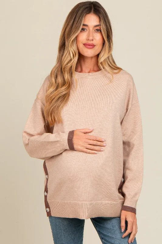 Beige Button Up Side Detail Maternity Sweater