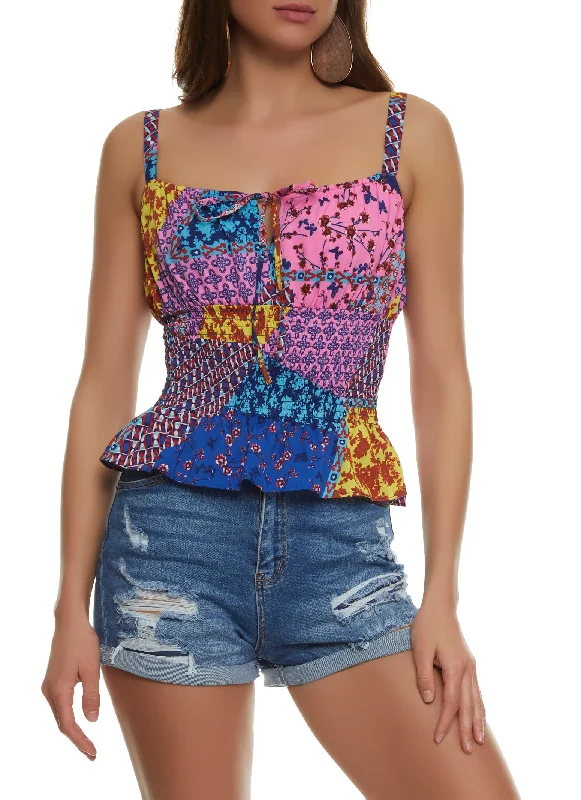 Mixed Print Smocked Cami Top