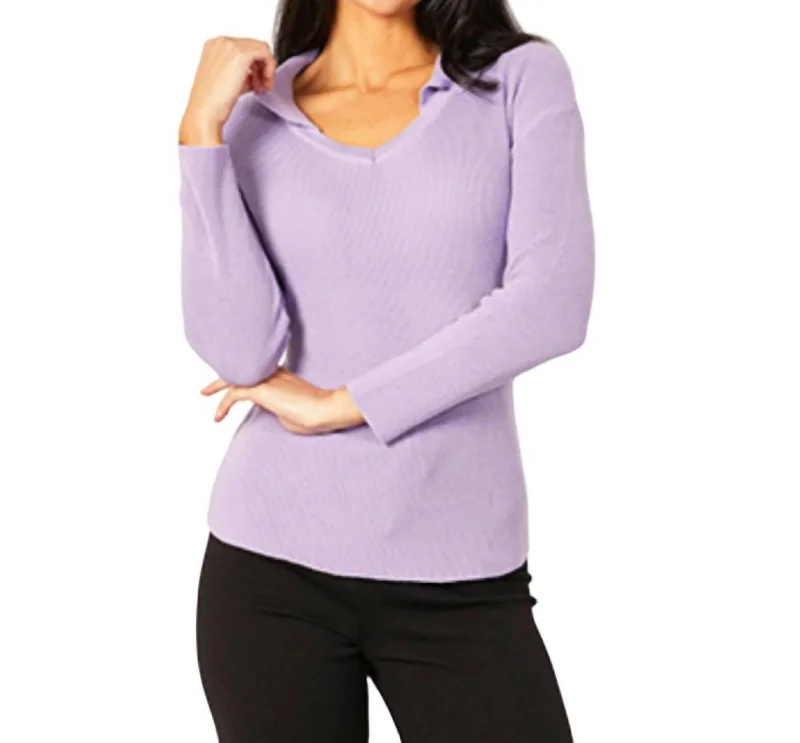 Collared V-Neck Top In Lilac