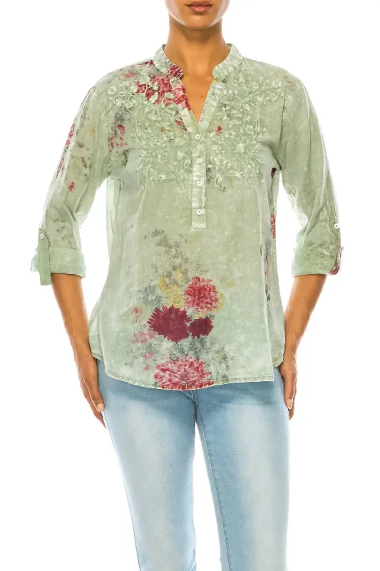 Floral Printed With Embroidery Top In Light Green Basil