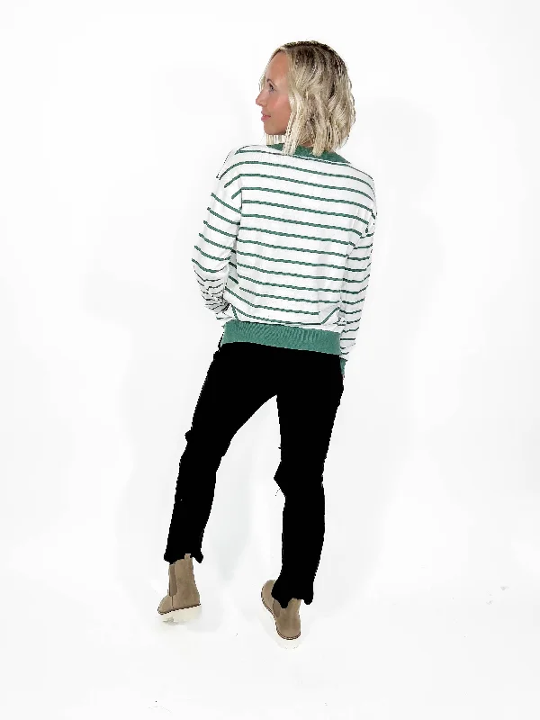 Forever Striped Crewneck Sweater- WHITE/SPRUCE