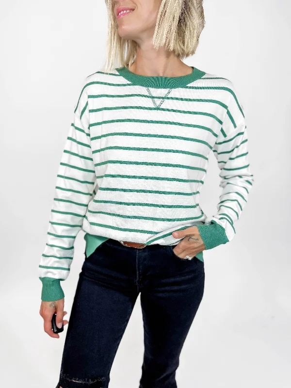 Forever Striped Crewneck Sweater- WHITE/SPRUCE