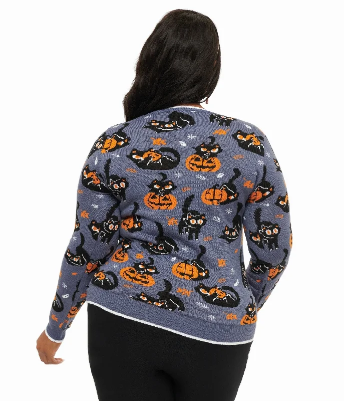 Grey Pumpkin & Cat Print Knit Sweater