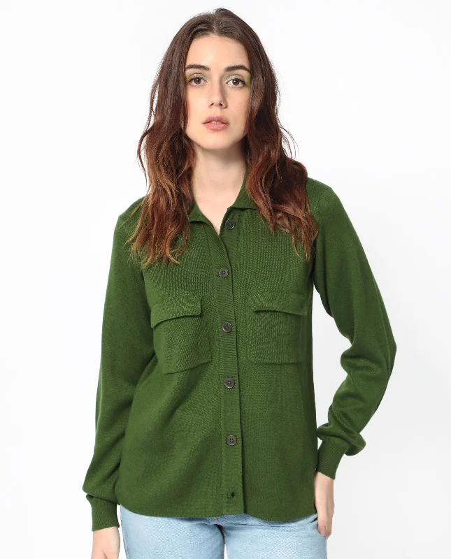 Rareism Women'S Korn Green Viscose Fabric Full Sleeves Regular Fit Solid Shirt Collar Sweater