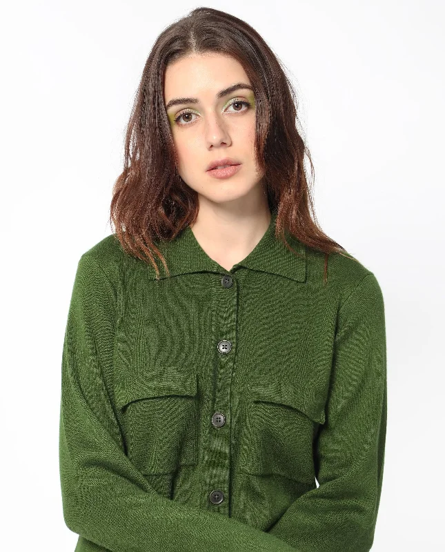 Rareism Women'S Korn Green Viscose Fabric Full Sleeves Regular Fit Solid Shirt Collar Sweater