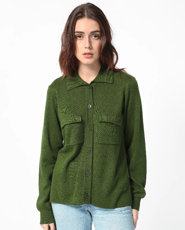 Rareism Women'S Korn Green Viscose Fabric Full Sleeves Regular Fit Solid Shirt Collar Sweater