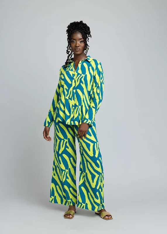 Kwamena Women's African Print Button-Up Shirt (Lime Zebra Abstract)