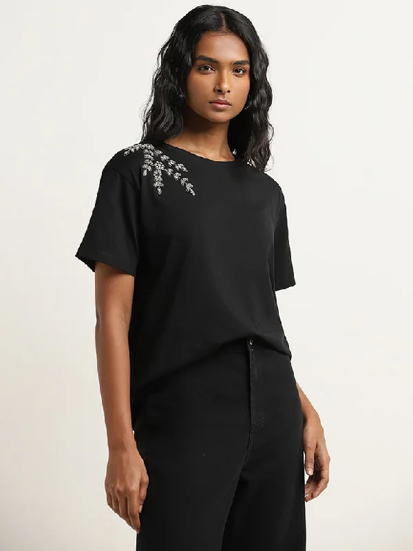 LOV Black Leaf Embellished Cotton T-Shirt