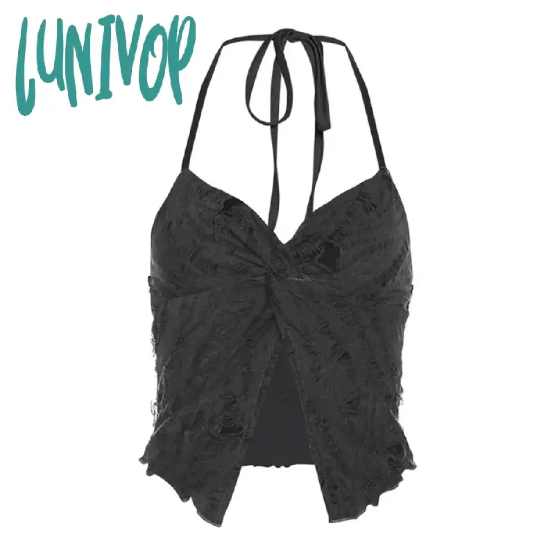 Lunivop Fairy Grunge Halter Camileso Tops Pink Bandage Spaghetti Strap Lace Trim Split Crop Tops Woman Vintage Fashion Tees Streetwear