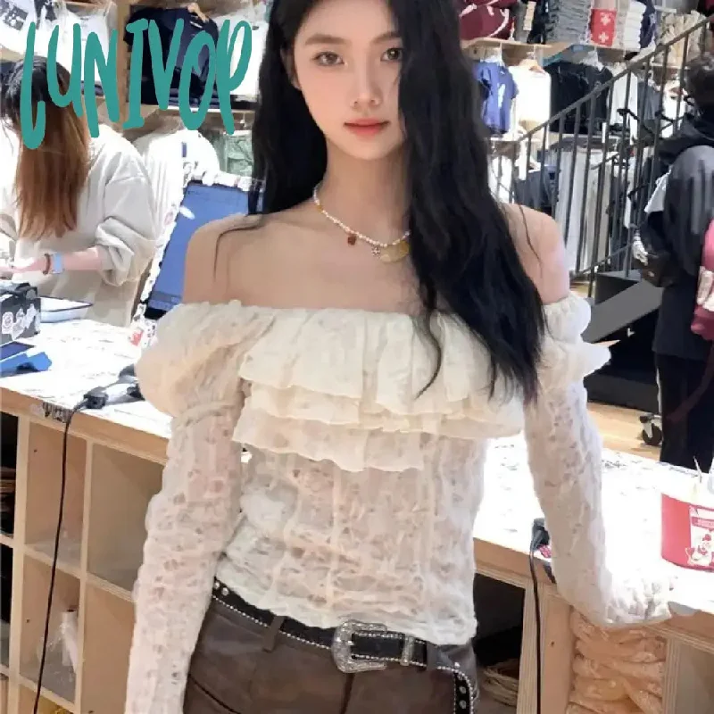 Lunivop Korean Chic Streetwear Slash Neck Tshirts Long Sleeve Y2k Aesthetic Fashion Women T-shirt Off Shoulder Fairy Lace Crop Top Femme