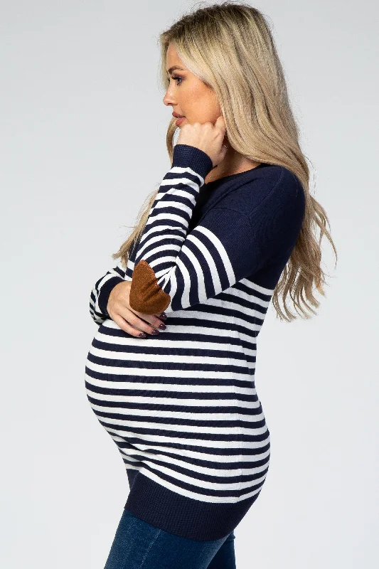 Navy Blue Striped Elbow Patch Knit Maternity Sweater