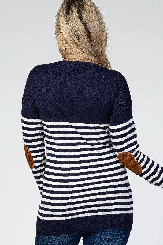 Navy Blue Striped Elbow Patch Knit Maternity Sweater