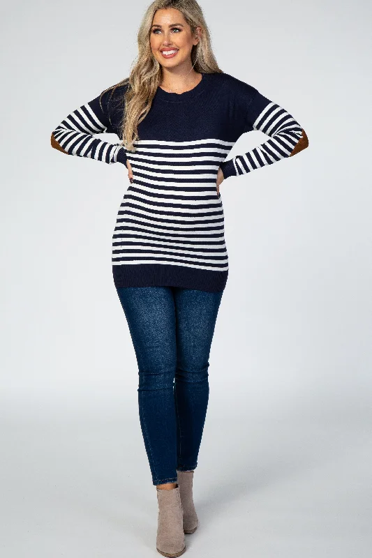 Navy Blue Striped Elbow Patch Knit Maternity Sweater