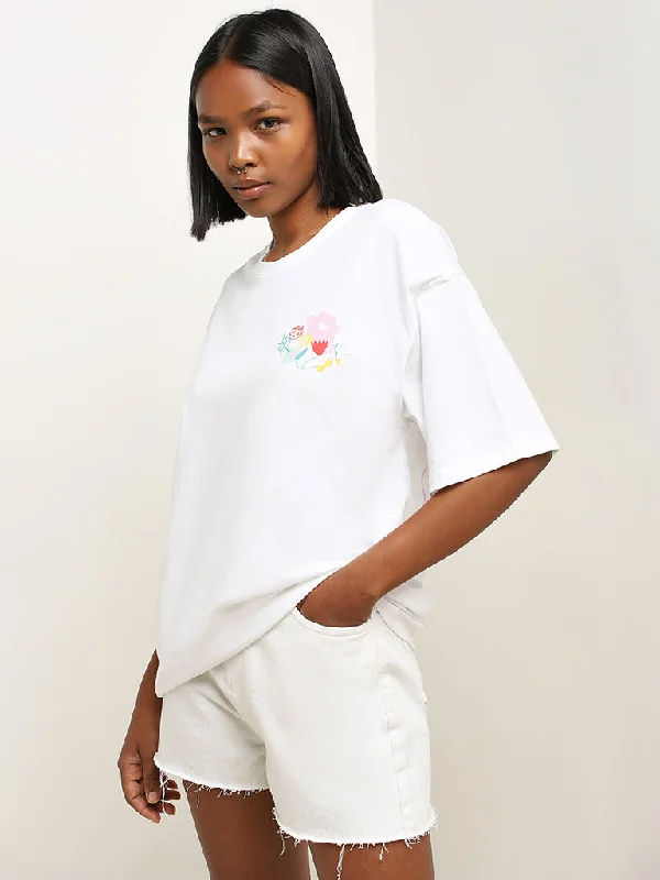 Nuon White Floral Printed Oversized Cotton T-Shirt