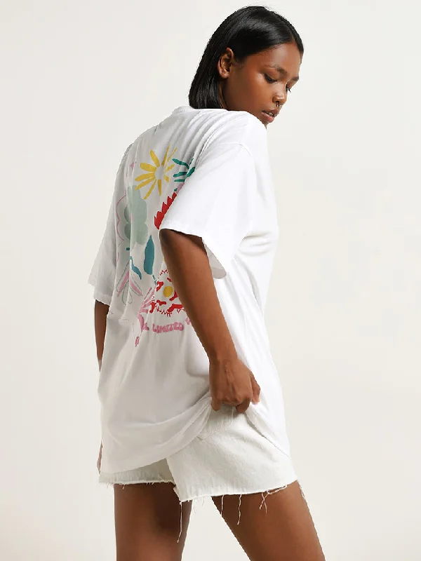 Nuon White Floral Printed Oversized Cotton T-Shirt