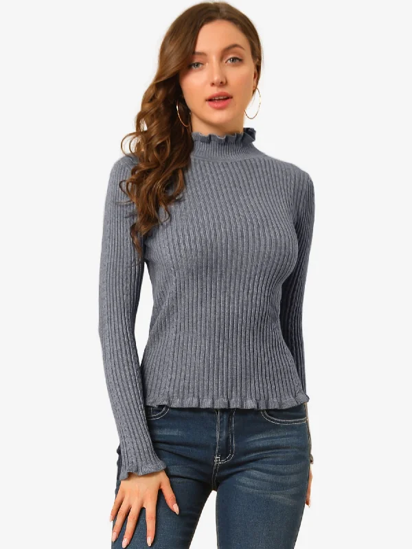 Classic-fit Lightweight Long Sleeve Ruffle Mock Neck Pullover Sweater