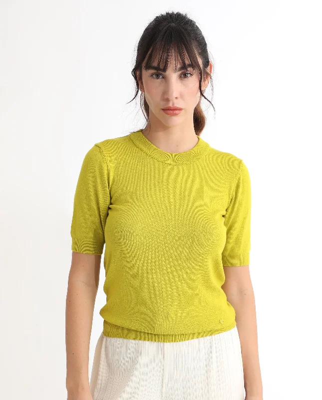 Rareism Women'S Rohrdo Light Yellow Viscose Fabric Half Sleeves Regular Fit Solid Round Neck Sweater