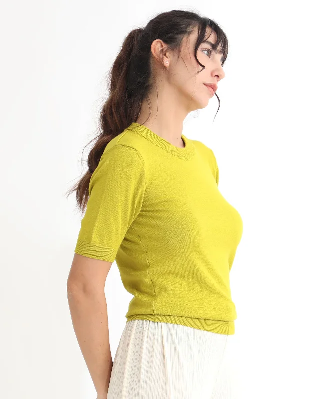 Rareism Women'S Rohrdo Light Yellow Viscose Fabric Half Sleeves Regular Fit Solid Round Neck Sweater