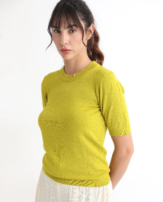 Rareism Women'S Rohrdo Light Yellow Viscose Fabric Half Sleeves Regular Fit Solid Round Neck Sweater