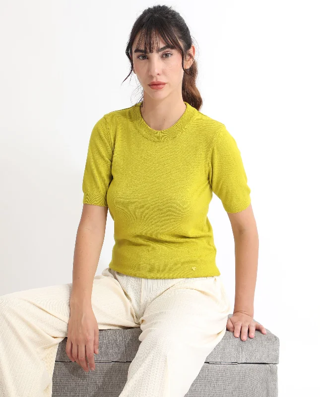 Rareism Women'S Rohrdo Light Yellow Viscose Fabric Half Sleeves Regular Fit Solid Round Neck Sweater