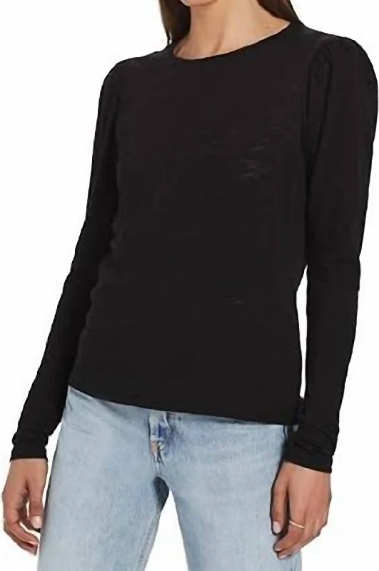 Signature Slub Long Sleeve Puff Shoulder Tee In Black