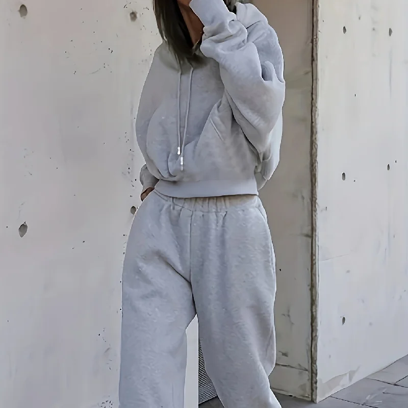 Sixsr 2pcs Athleisure Set, Oversized Solid Hooded Pocket Drawstring Sweatshirts & Sweatpants Sets, Women's Clothing