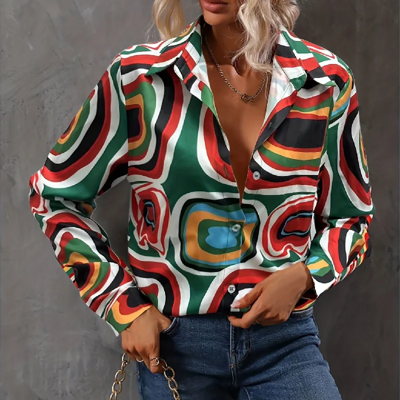 Sixsr Abstract Print Shirt, Casual Button Front Long Sleeve Shirt, Women's Clothing