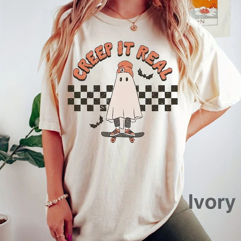 Sixsr Halloween Ghost Print T-shirt, Casual Short Sleeve Crew Neck T-shirt For Spring & Summer, Women's Clothing