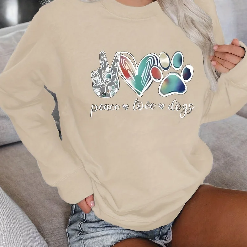 Sixsr Plus Size Casual Sweatshirt, Women's Plus Art Letter & Heart & Paw & Hand Print Long Sleeve Round Neck Slight Stretch Sweatshirt