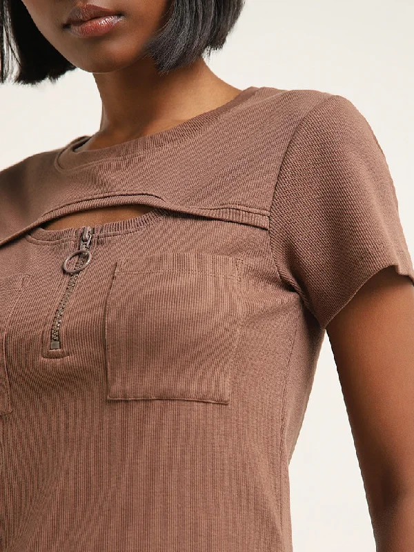 Studiofit Brown Cut-Out Detailed Ribbed Cotton T-Shirt