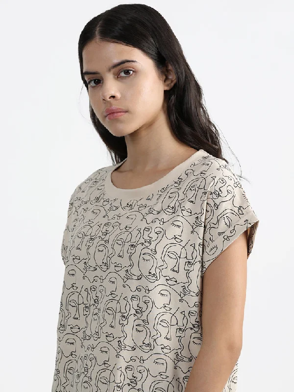 Studiofit Cream Face Printed Cotton T-Shirt