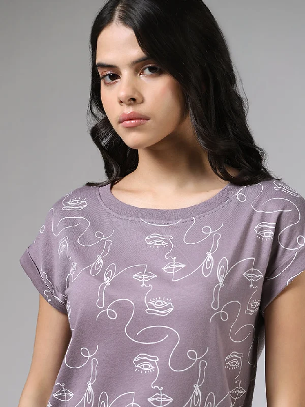 Studiofit Half Face Printed Mauve Cotton T-Shirt