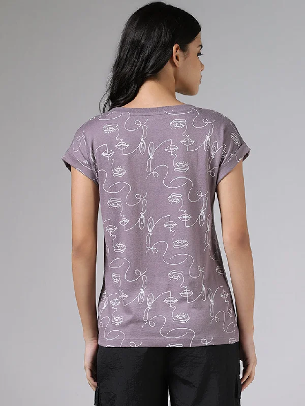 Studiofit Half Face Printed Mauve Cotton T-Shirt