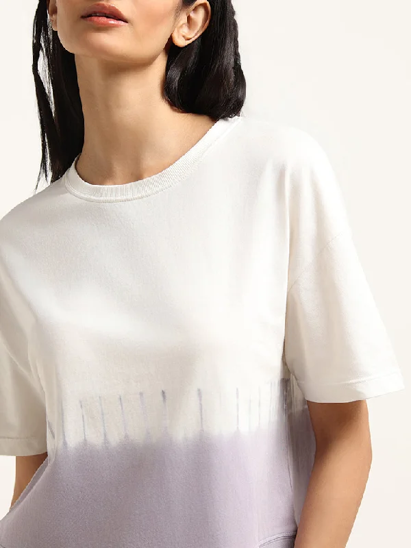 Studiofit Purple and White Cotton Loose Fit T-Shirt