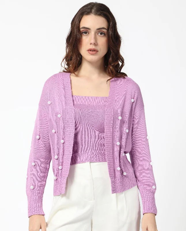 Rareism Women'S Tunnel 1 Pastel Purple Viscose Fabric Full Sleeves Balloon Sleeve Regular Fit Embellished Sweater