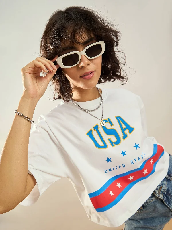 Women White USA Printed Crop T-shirt