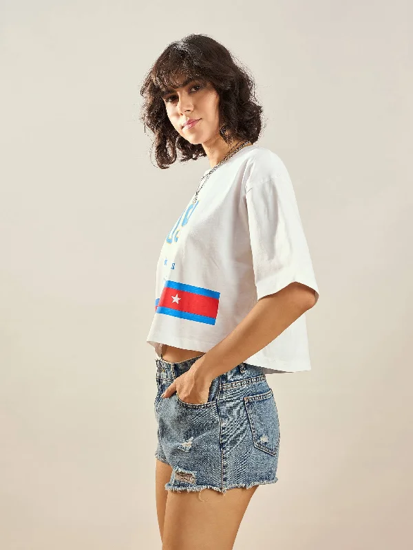 Women White USA Printed Crop T-shirt