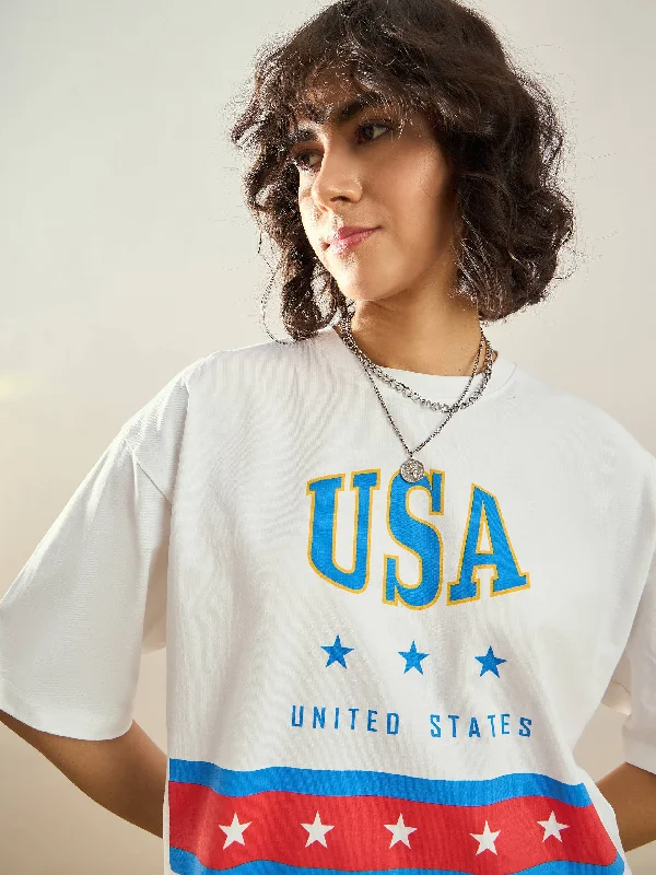 Women White USA Printed Crop T-shirt